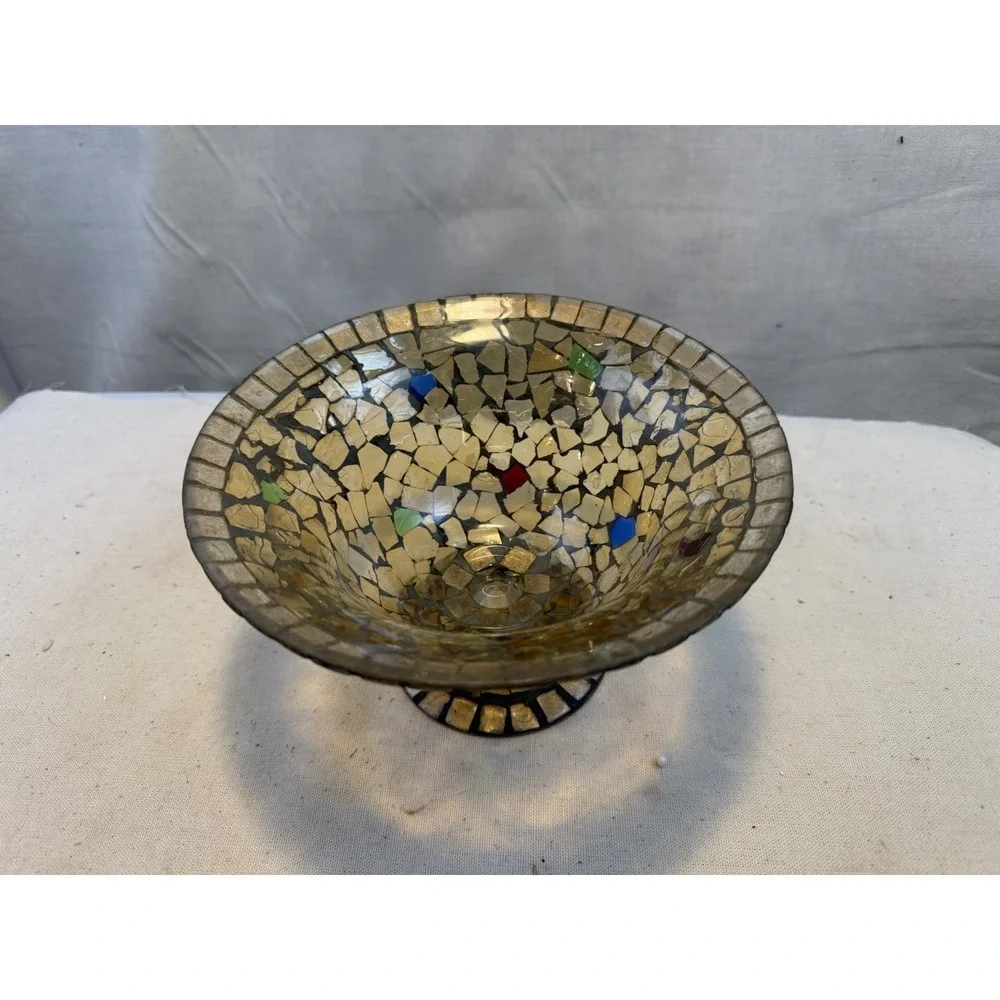 Mosaic Glass Pedestal Bowl‎ Gold Multicolor Boho Decor Centerpiece